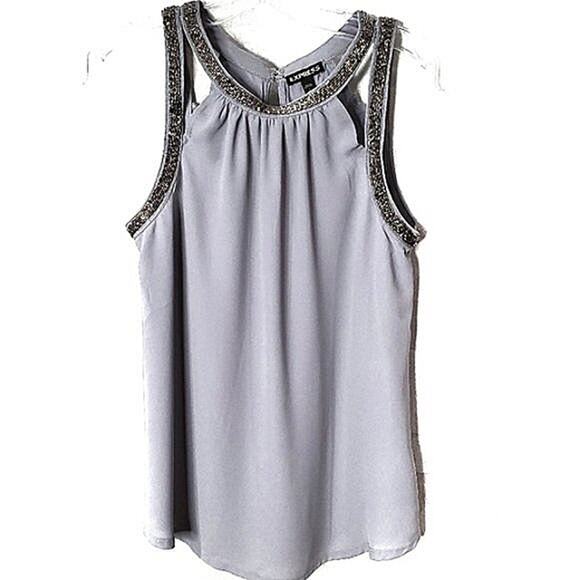 Express Top Beaded Sz SP Gray Fancy Neckline Cutout Sleeveless Summer Party Glam - Picture 1 of 10